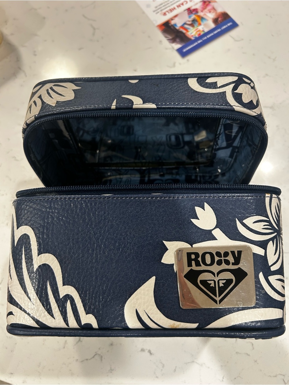Vintage Roxy Navy and White Floral Cosmetic Case with Metal Logo